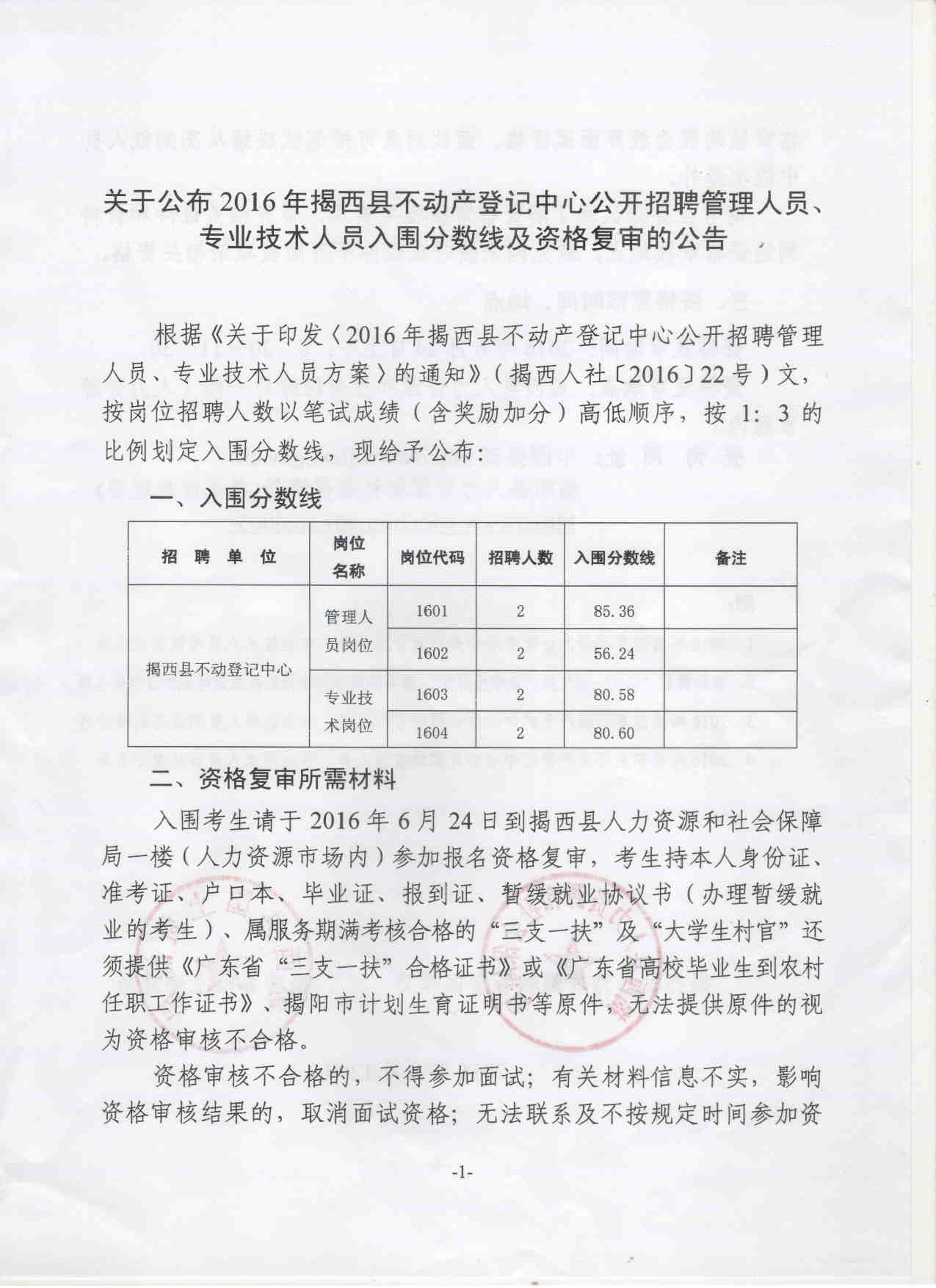 关于公布2016年揭西县不动产登记中心公开招聘管理人员、专业技术人员入围分数线及资格复审的公告1.jpg