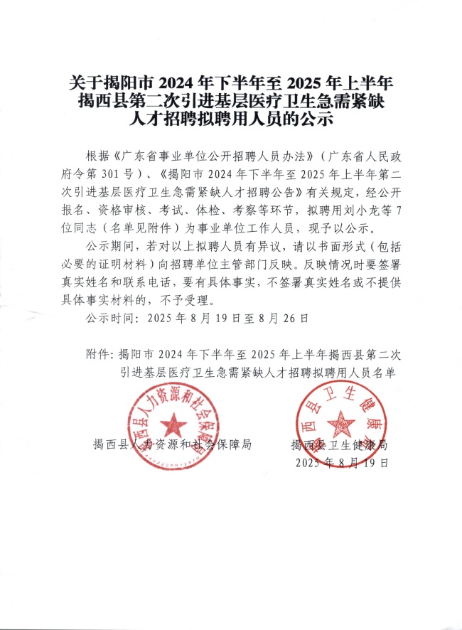 关于揭阳市2024年下半年至2025年上半年揭西县第二次引进基层医疗卫生急需紧缺人才招聘拟聘用人员的公示.jpg